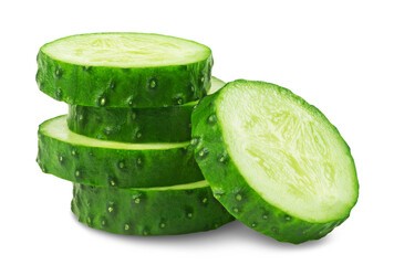 Sliced cucumber slices isolated on transparent background.