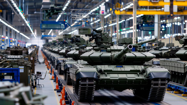 Tank assembly line in factory, military armor production, precision engineering.