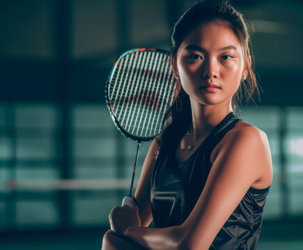 Focused female badminton player with racket, intense gaze. - Powered by Adobe