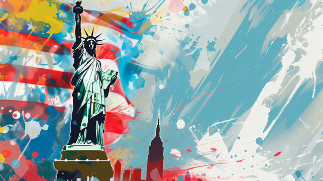 Statue of Liberty artwork with vibrant abstract splashes, New York City wallpaper with copy space