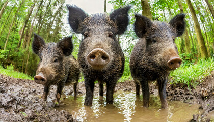 Closeup, front view and bottom view of a family of wild boar standing inside a muddy puddle in the green forest looking at the camera. Generative Ai.