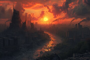Post-Apocalyptic Scene, View of Destroyed City at Dusk