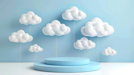 Minimalist white product podium on dreamy blue cloud background studio stage with pastel sky scene