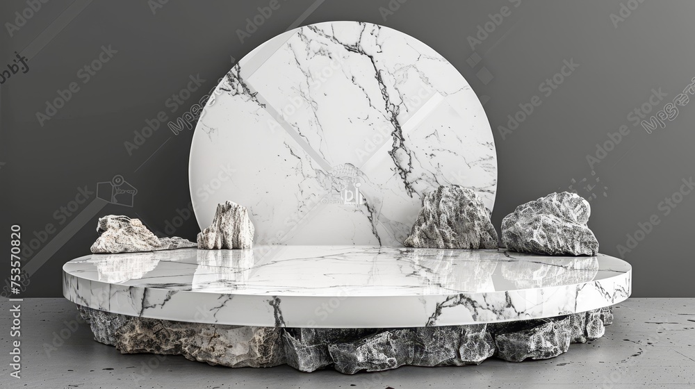 Poster abstract white stone podium on dark background for product display and showcase in studio setting