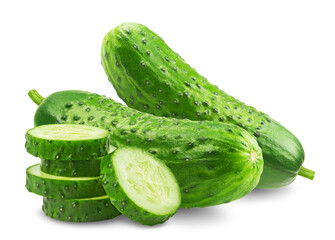 Cucumbers and cucumber slices isolated on a transparent background.