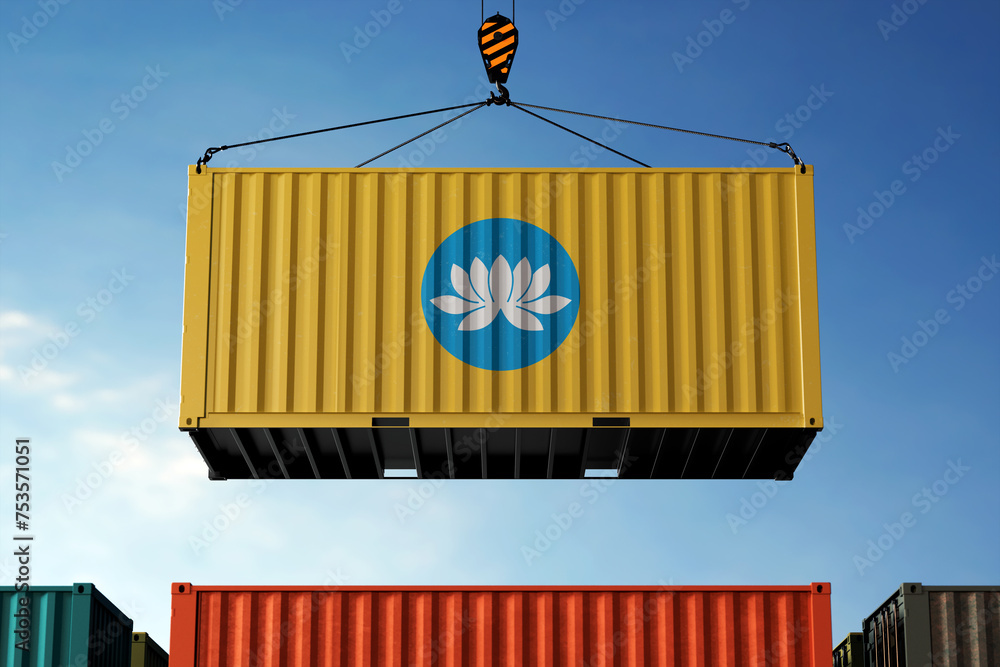 Wall mural Kalmykia trade cargo container hanging against clouds background