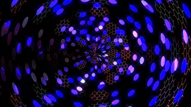 Abstract Kaleidoscope pattern with blue colors. Magic mandala. 4k Abstract background moving stripes and flashing with shining light dots. Animation with circles	
