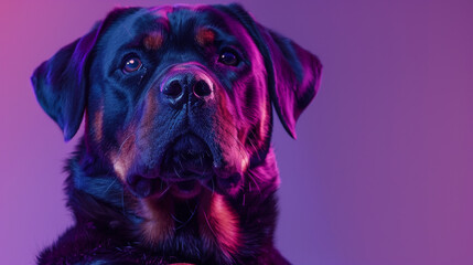 Obraz premium A regal Rottweiler with a strong presence, captured in stunning clarity against a royal purple surface.