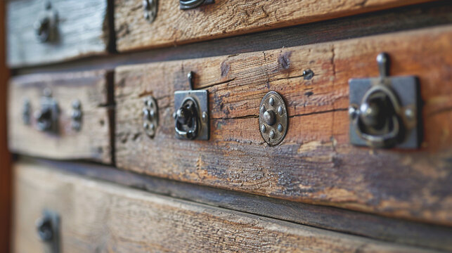 Old wooden antique chest of drawers with metal handles closeup. Generative Ai