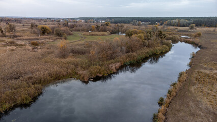 Aerial river scenery in autumn countryside