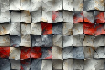 This image features a complex pattern of weathered stone blocks with vivid red accents, resembling...