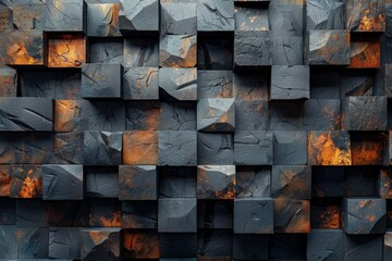 A visually striking arrangement of rusted metallic cubes that invoke a sense of decay and the passage of time