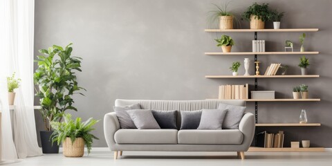 Bright living room with gray couch, plants, and shelves.