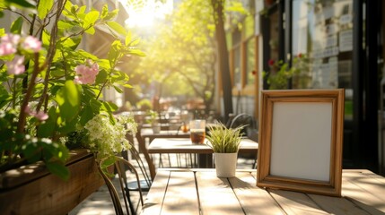 Fototapeta na wymiar Warm sunlight bathes a cozy sidewalk cafe, highlighting an empty menu frame ready for customization.