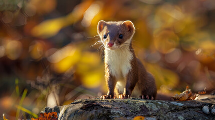 A weasel on a stone, bathed in golden autumn light.