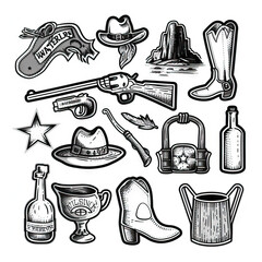 Wild West Wonders - Cowboy Collection. Sticker Collection. Multiple. Vector Icon Illustration. Icon Concept Isolated Premium Vector. Line Art. Black Outline. White Background.