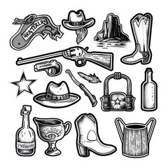 Obraz premium Wild West Wonders - Cowboy Collection. Sticker Collection. Multiple. Vector Icon Illustration. Icon Concept Isolated Premium Vector. Line Art. Black Outline. White Background.
