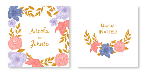 Fototapeta na wymiar watercolor pink, purple and gold floral frame and wedding invitation template design vector