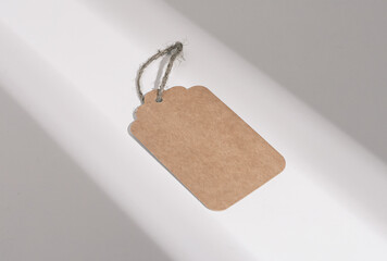 Brown paper tag, eco cardboard label mock up, blank card on rope, twine