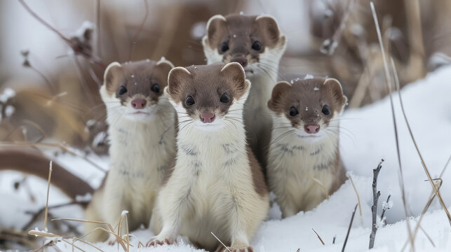 Pack of weasels peeking curiously around winter scenery in the snow.