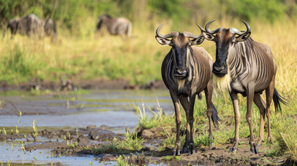 Fototapeta na wymiar Pair of wildebeests by a waterhole on the savannah.