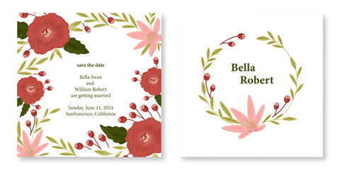 Watercolor Pink and Red Floral Wedding Invitation Template Vector Design
