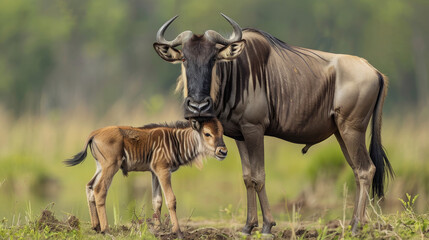 Fototapeta na wymiar A wildebeest calf bonding with its mother.