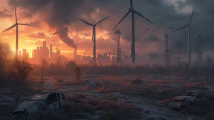 Zelfklevend Fotobehang Twilight over the Abandoned City, Apocalyptic Scene © Diko