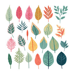 A collection of colorful leaves in various shades of green and red. Vector illustration