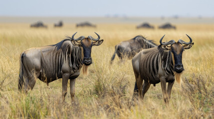 Obraz premium Herd of wildebeests standing in the savannah.
