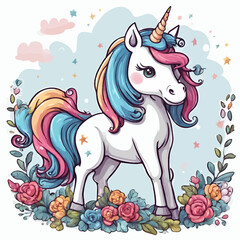 Cartoon unicorn illustration with flowers