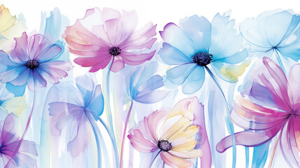 Obraz premium Watercolor background of translucent flowers in soft pastel blues and pinks