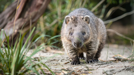 Naklejka na ściany i meble A curious wombat looking towards the camera in the wild.