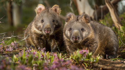 Fototapeta premium Two wombats nestled amongst purple flowers in the wild.