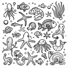 Under the Sea - Marine Marvels. Sticker Collection. Multiple. Vector Icon Illustration. Icon Concept Isolated Premium Vector. Line Art. Black Outline. White Background.