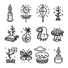 Magical Moments - Fairytale Fantasies. Nature. Sticker Collection. Multiple. Vector Icon Illustration. Icon Concept Isolated Premium Vector. Line Art. Black Outline. White Background.
