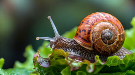 Snail crawling on the green leaf of a salad in a garden - Powered by Adobe