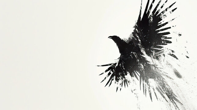 silhouette of a flying black raven drawn with paints on a light background, business card, copy space