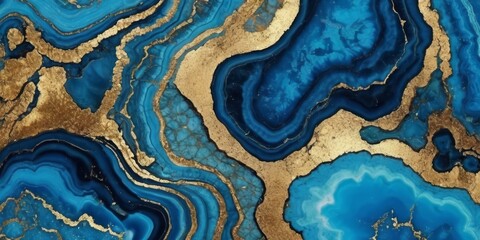 abstract background blue marble agate granite mosaic with golden veins digital marbling illustration - obrazy, fototapety, plakaty