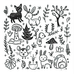 Enchanted Forest - Whimsical Woodland Creatures. Nature. Sticker Collection. Multiple. Vector Icon Illustration. Icon Concept Isolated Premium Vector. Line Art. Black Outline. White Background. 