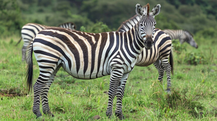 Fototapeta premium Zebras grazing on a lush green savanna.