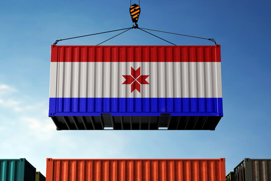 Mordovia trade cargo container hanging against clouds background