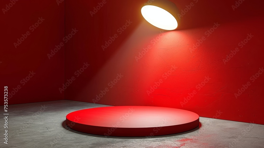 Aufkleber red podium on light stage platform with abstract scene for product display and spotlight background