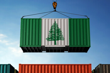 Norfolk Island trade cargo container hanging against clouds background