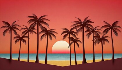 Fototapeta na wymiar Palm trees on the beach during sunset, paper cut art.