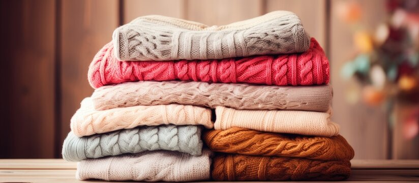 Knitted cotton sweaters arranged on an ottoman Feminine autumn apparel for comfort and warmth