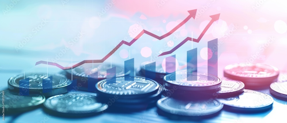 Poster a dynamic scene of coins and a soaring arrow chart on a white blue gradient illustrating the concept