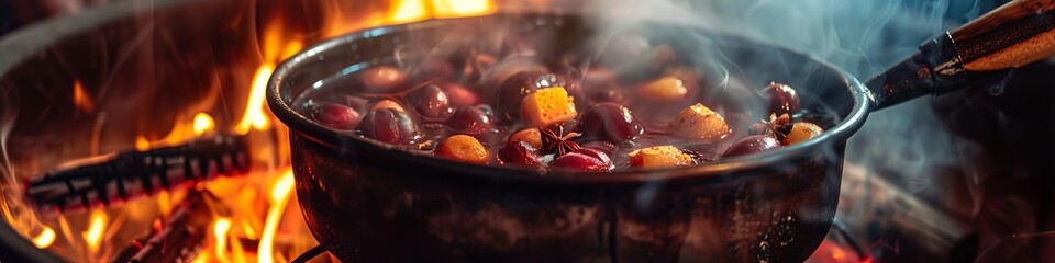 A pot of mulled wine on an open flame with steam and spices rising up the fire casting a warm inviting glow on the pot Cinematic Style - obrazy, fototapety, plakaty
