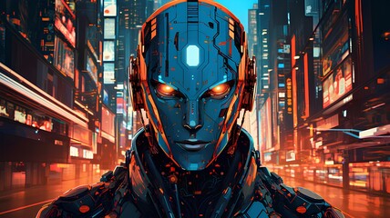 Futuristic ai robot in the future city comic style - obrazy, fototapety, plakaty