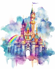 Fototapeta na wymiar A fairy tale castle surrounded by clouds and a rainbow rendered in Cute Watercolor Style on isolated white background